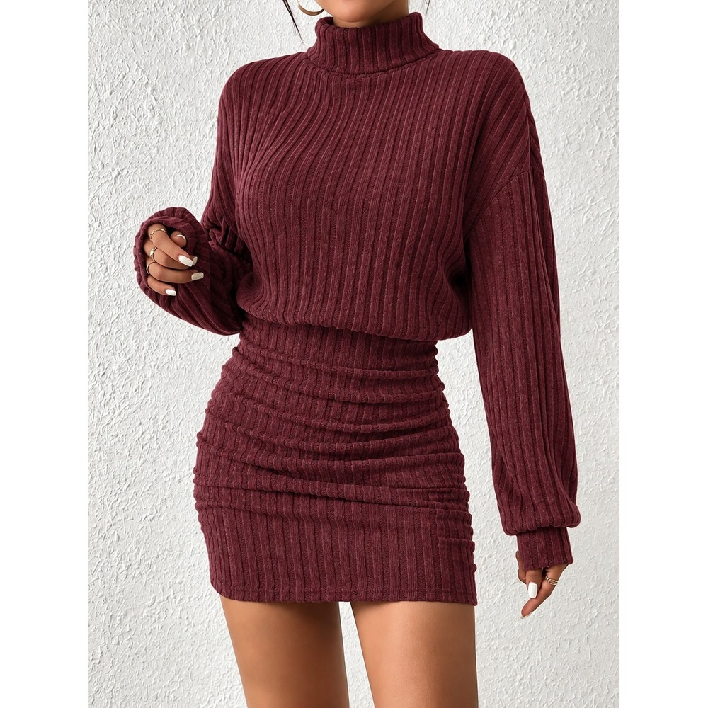 COMMENSE Mock Neck Ribbed Ruched Mini Sweater Dress Dusty Burgundy M US 6 NWT